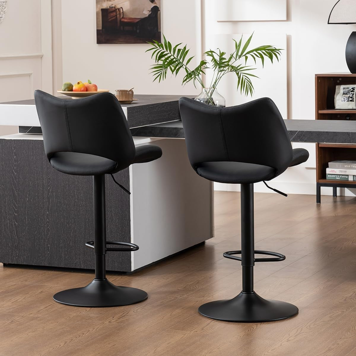 Adjustable Bar Stools 2pcs black PU Leather Swivel Kitchen Counter Chairs