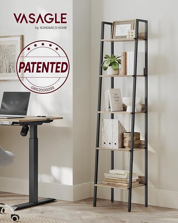 5-Tier Narrow Ladder Shelf Tall Rustic Bookcase Industrial Storage Unit