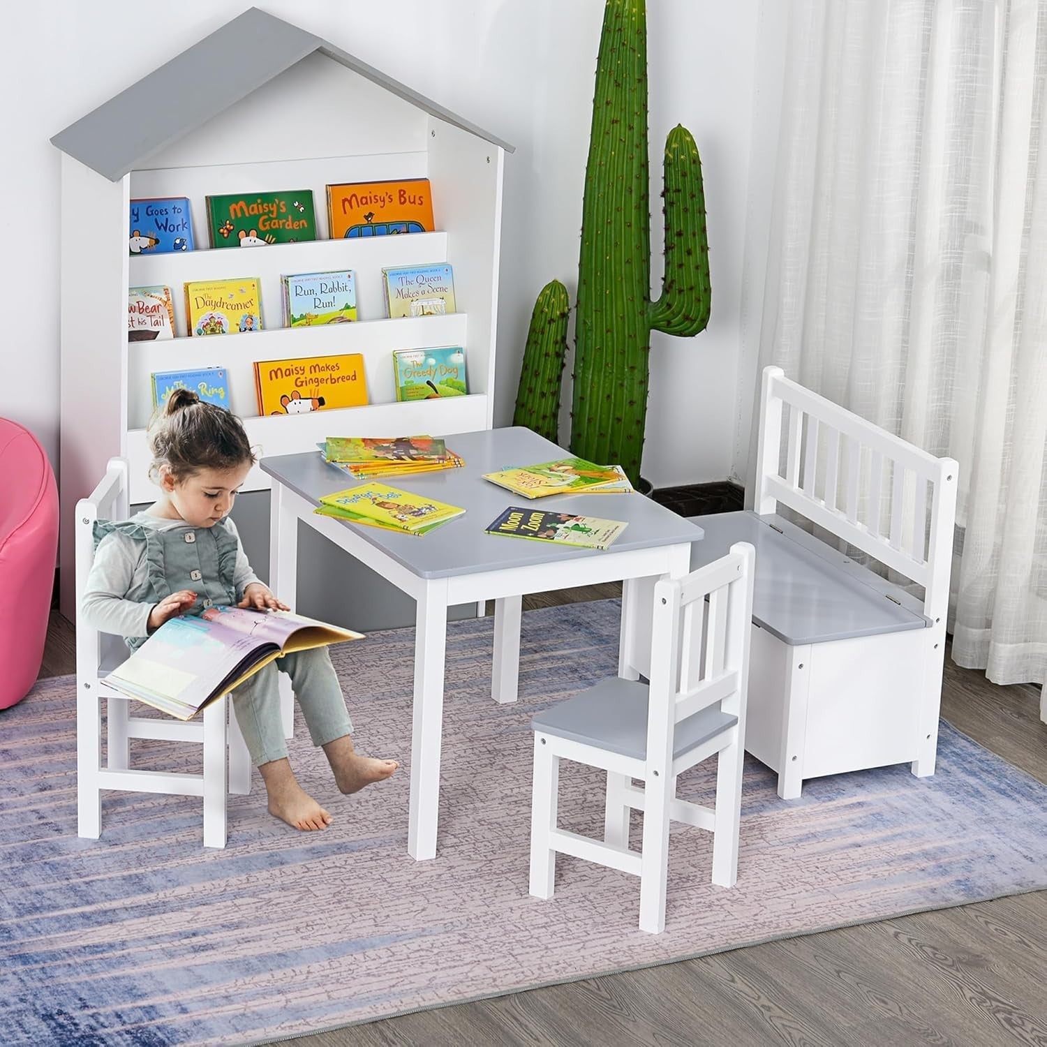 Kids 4-Piece Table & Chair Set with Storage Bench, Durable & Safe Design