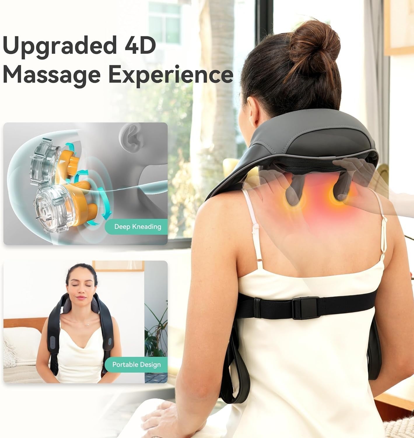 Cordless Neck Shoulder Massager Heat Deep Tissue Shiatsu Pillow