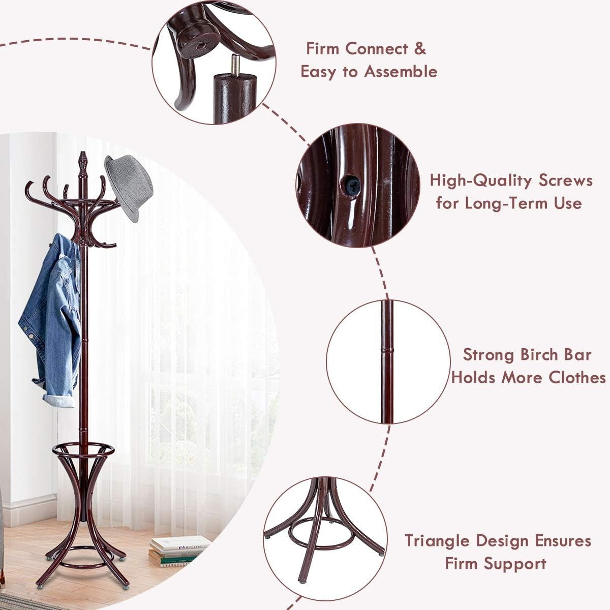 Mahogany Solid Wood Coat Rack with 12 Hooks & Umbrella Holder | Freestanding