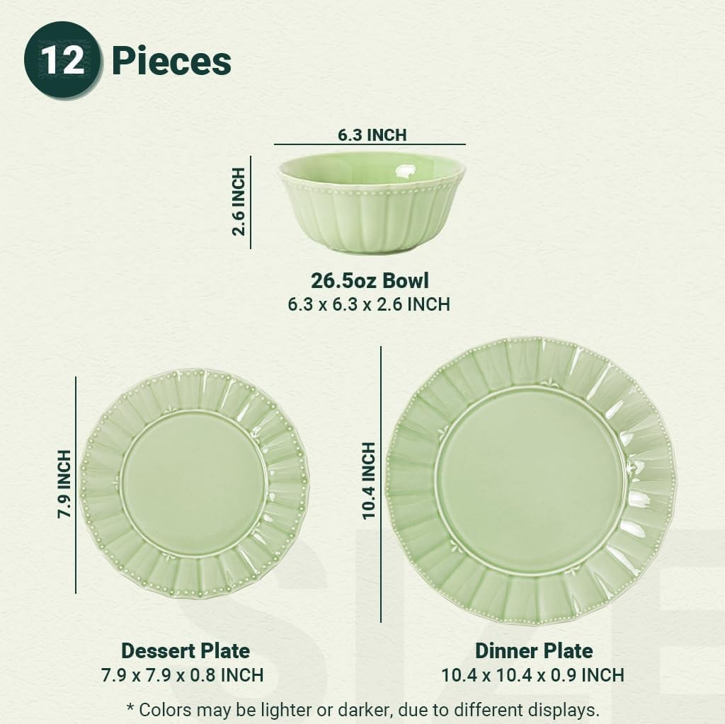12 Piece Porcelain Dinner Set Green Plates Bowls Microwave Dishwasher Safe