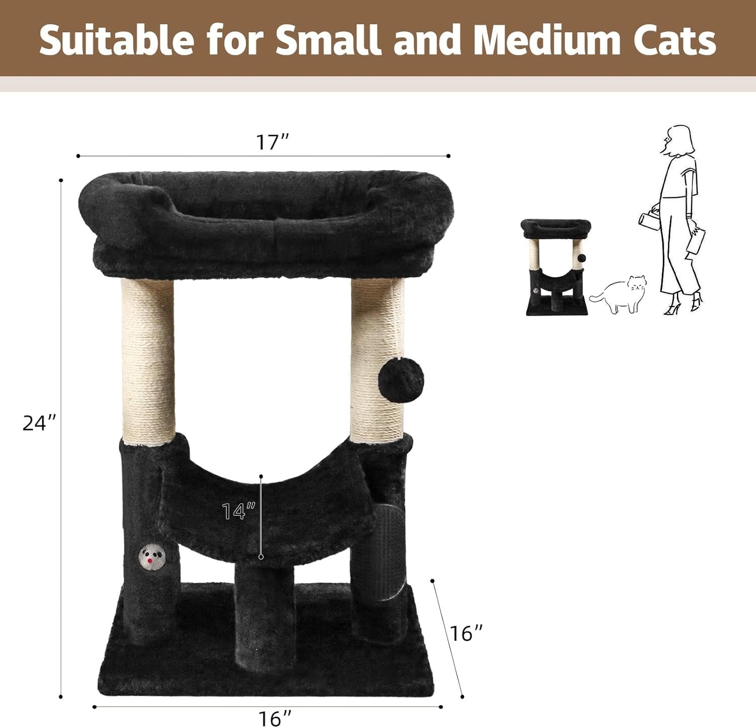 Cat Scratcher Tower with Sisal Post Plush Bed Platform Multi Level Black