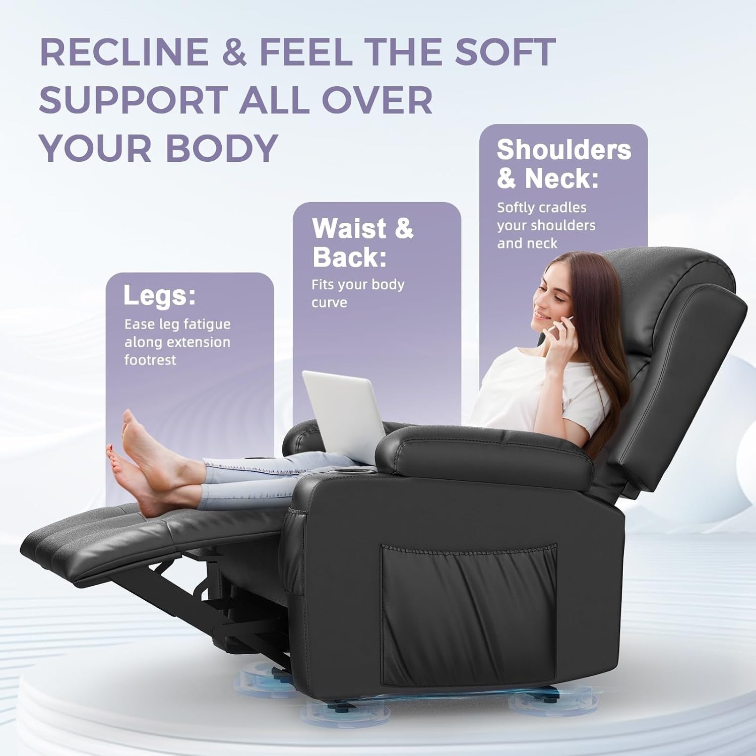 Electric Recliner Chair Massage Heat USB Type-C Cup Holders Black Armchair