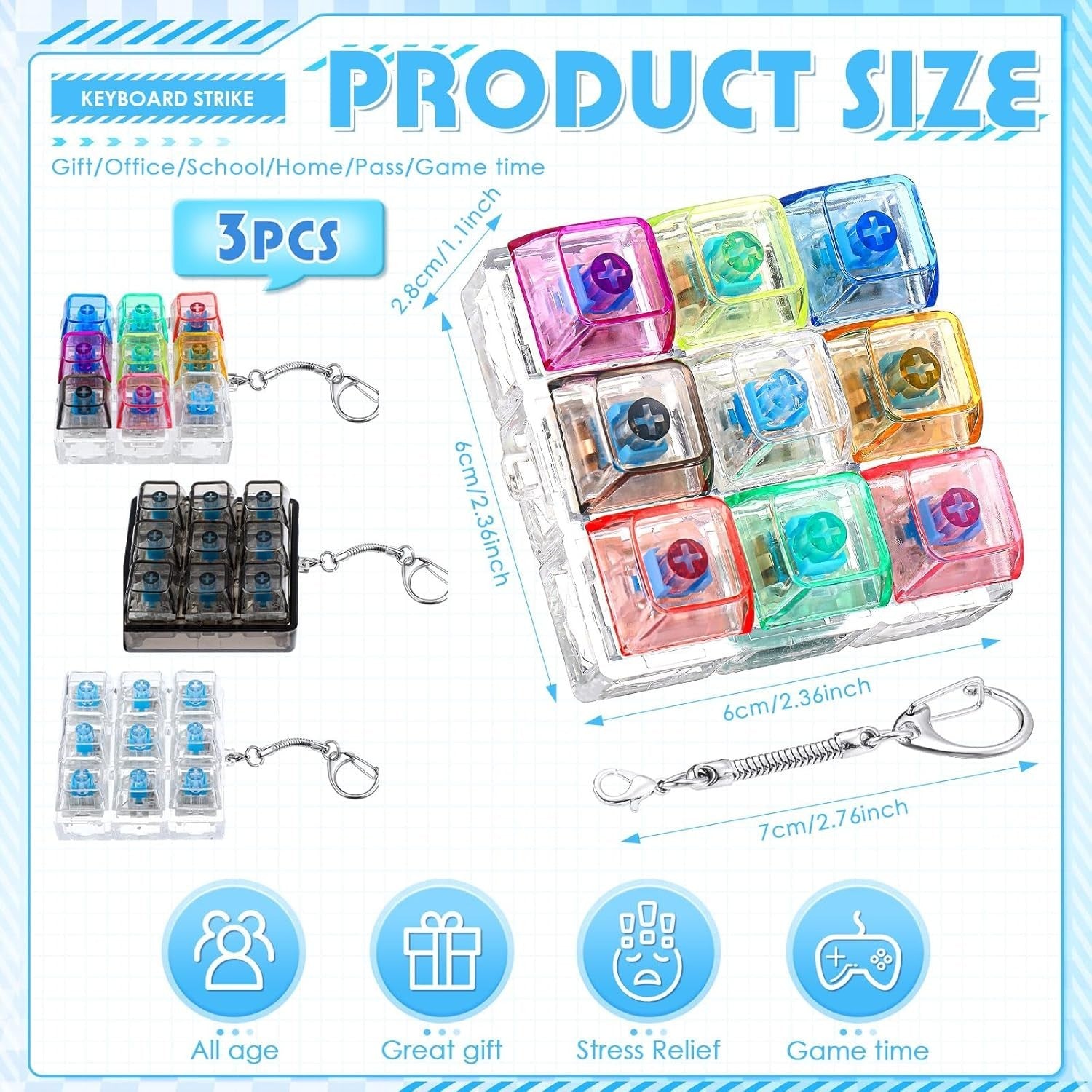 Keyboard Fidget Clicker Keychain 3 Pack 9-in-1 Stress Relief Toy