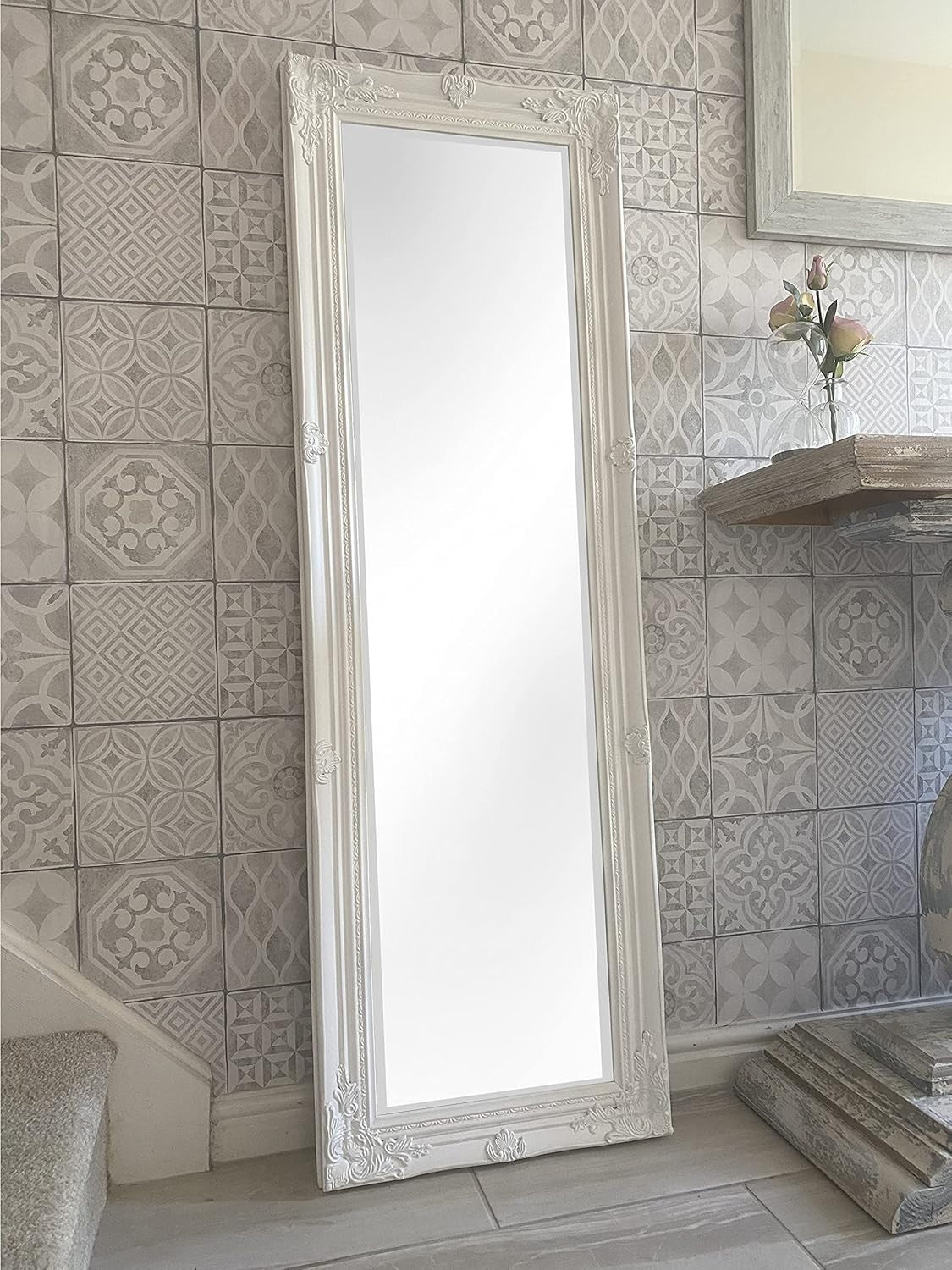Tall White Wall Mirror 142x47cm with Bevelled Glass, Classic Wood Frame