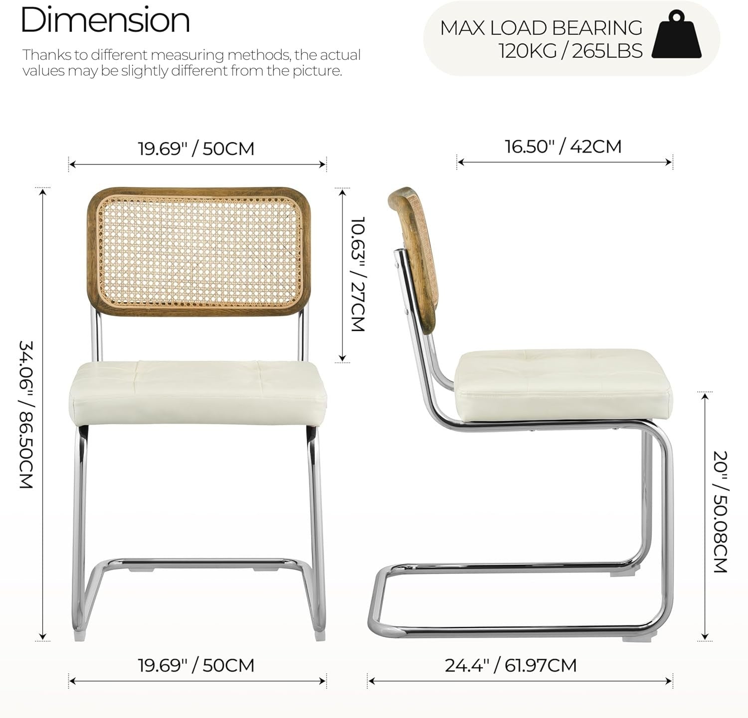 Set of 2 Cane Back Dining Chairs Faux Leather Seats Chrome Legs Off White