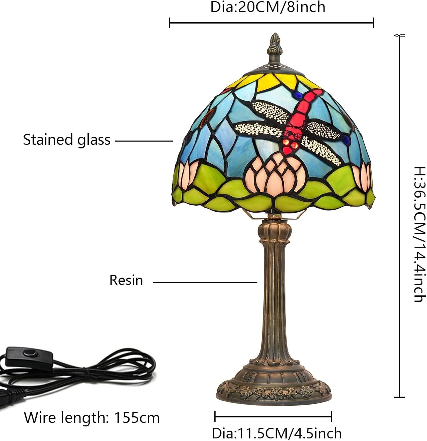 Tiffany Style Stained Glass Table Lamp Dragonfly Lotus Flower Decor