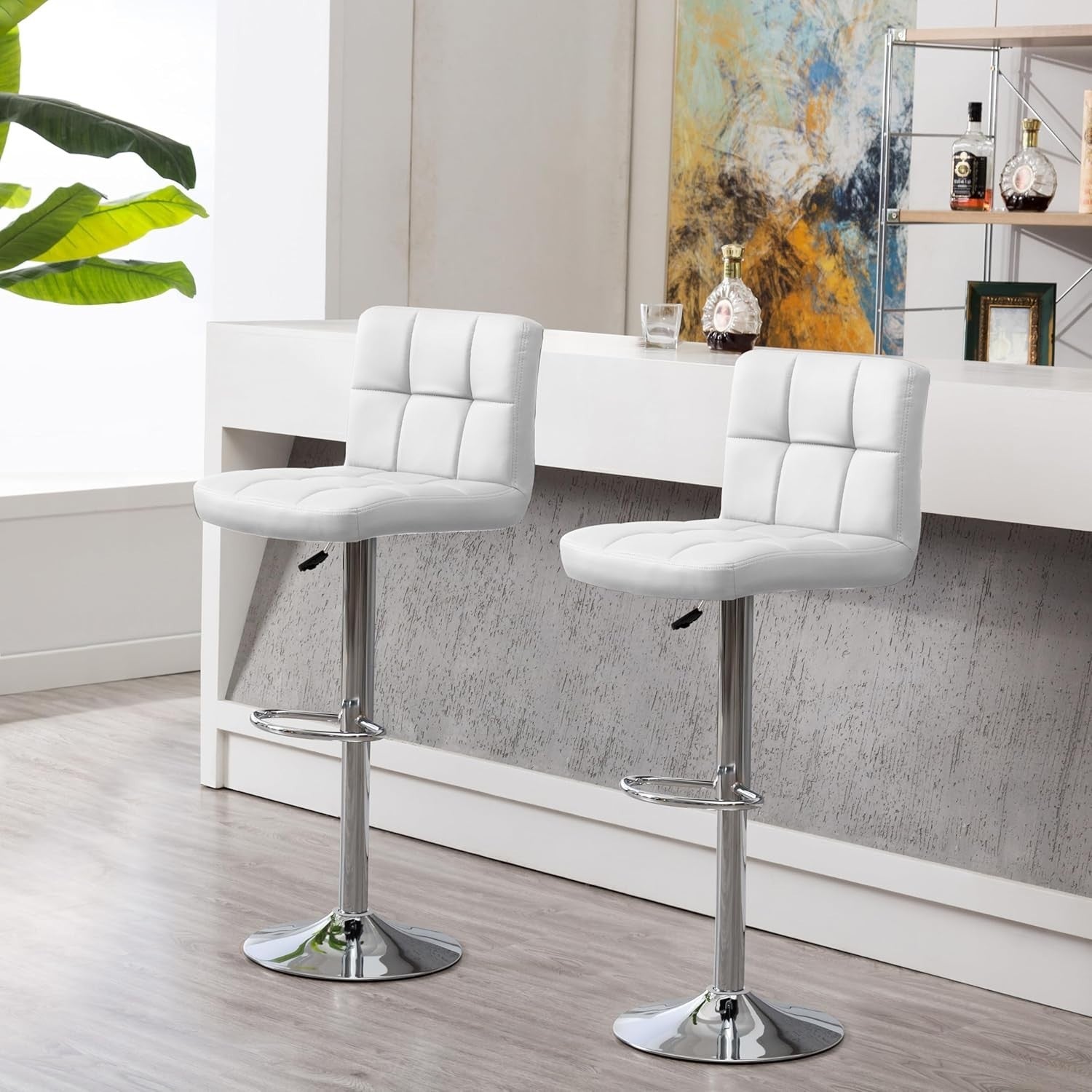 Adjustable Bar Stools Set of 2 Swivel Gas Lift White Chairs