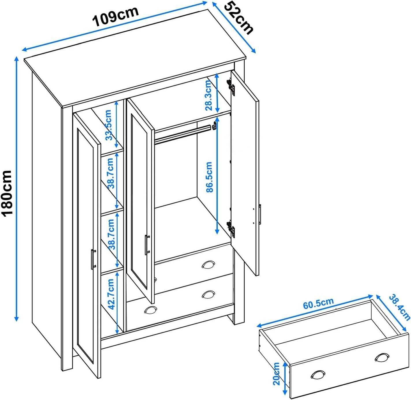 3 Door Grey Wardrobe with Drawers & Rail – Modern Bedroom Storage