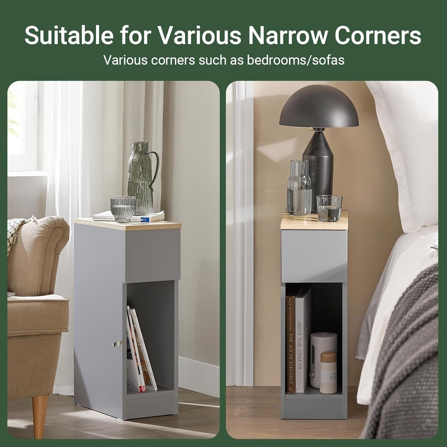 Set of 2 Slim Grey Bedside Tables with Drawer & Shelf