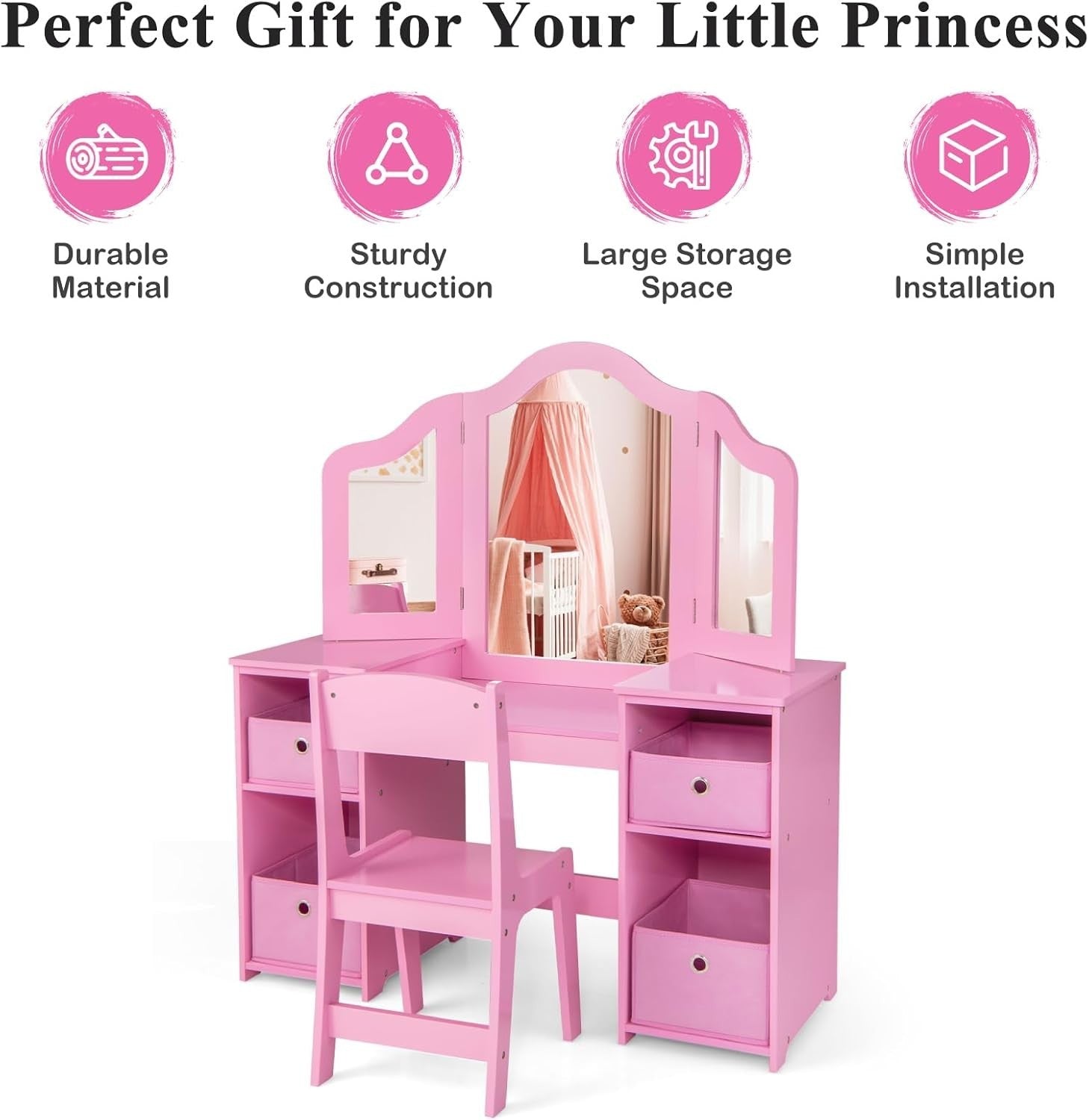 Kids Vanity Table with Tri-Folding Mirror & Storage Bins, Pink Wooden Set