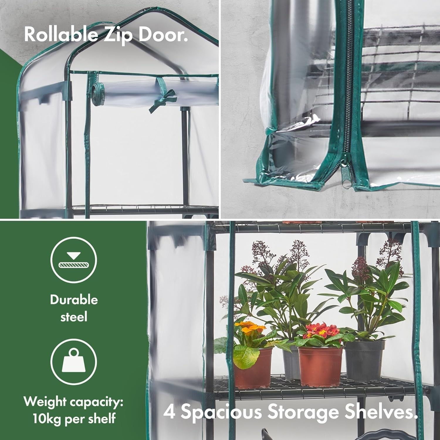 4-Tier Mini Greenhouse | Compact PVC Grow House | Steel Frame | Roll-Up Door