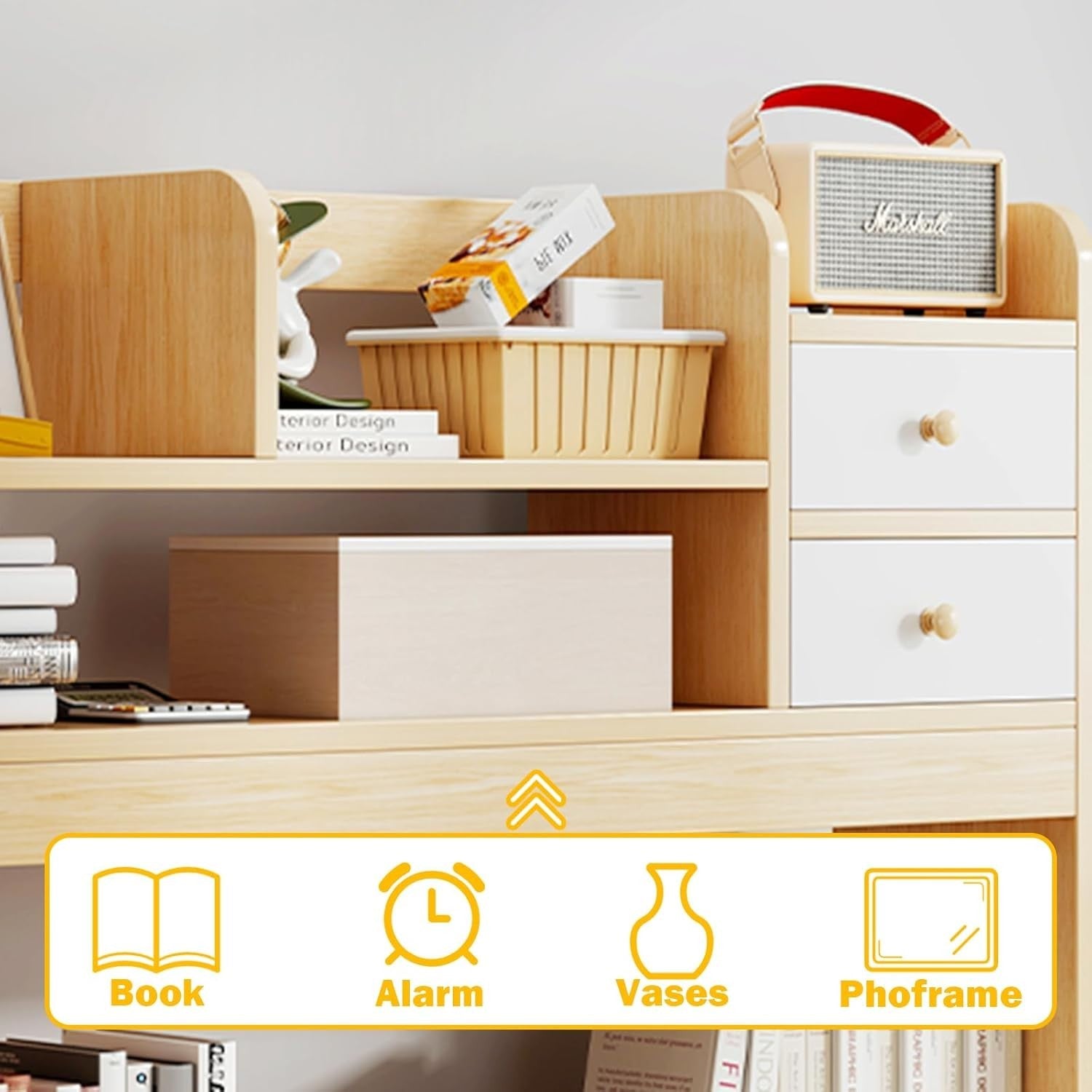 36.6" Wooden Desk Hutch Shelf | 4-Tier Desktop Bookshelf Organizer for Office