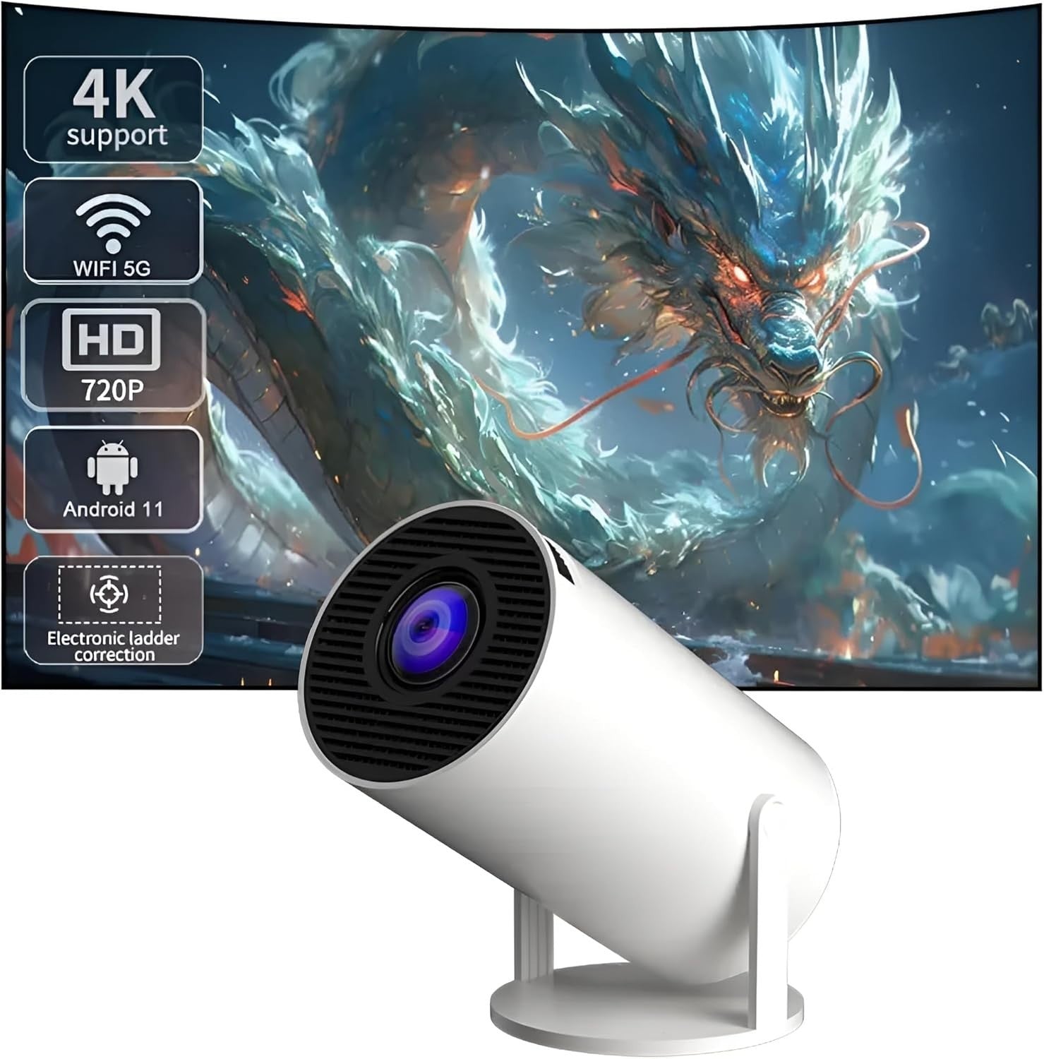 4K Smart Mini Projector 1080P Android WiFi 6 Bluetooth 180° Portable