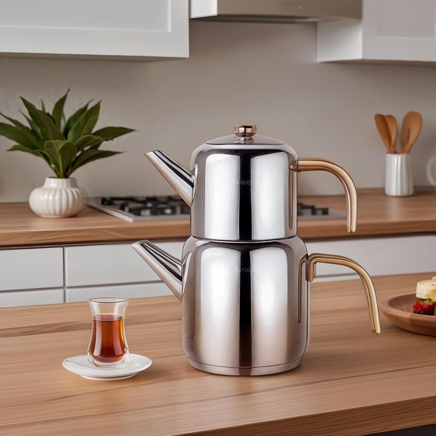 Turkish Tea Maker Gold Stainless Steel Teapot Set 3L Induction Safe