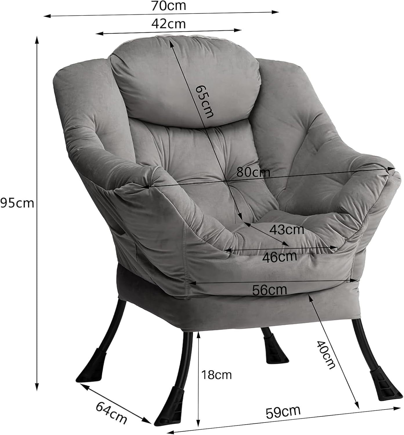 Velvet Grey Armchair Living Room Bedroom Lounge Chair Comfy Relax Seat