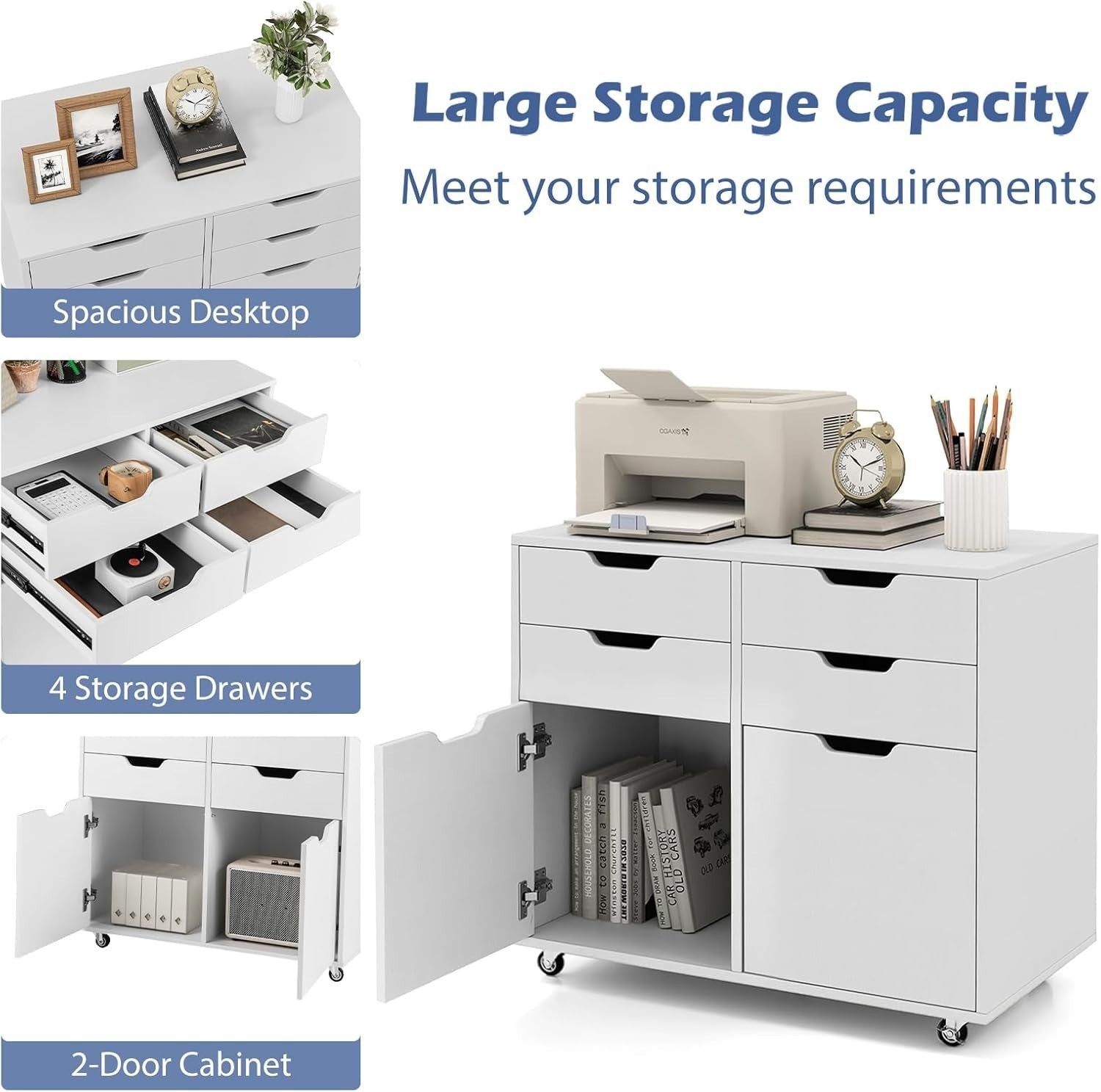 White Mobile File Cabinet 4 Drawer 2 Door Rolling Printer Stand