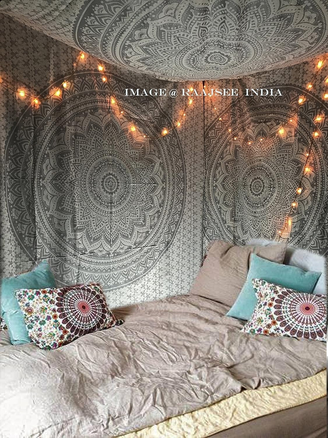 Grey Silver Mandala Cotton Tapestry 208x232cm Wall Decor