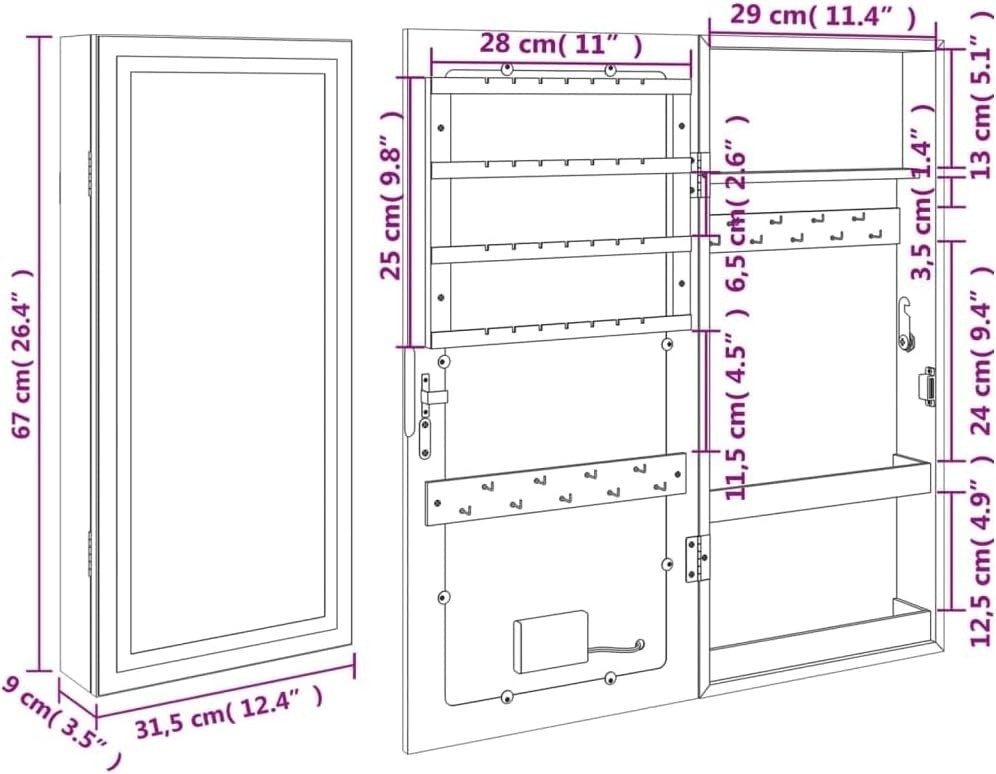 LED Wall Jewelry Organizer Mirror Lockable Slim Cabinet Brown
