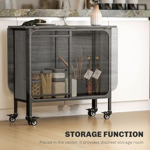 Folding Drop Leaf Dining Table with Wheels & Storage Shelf for Small Spaces
