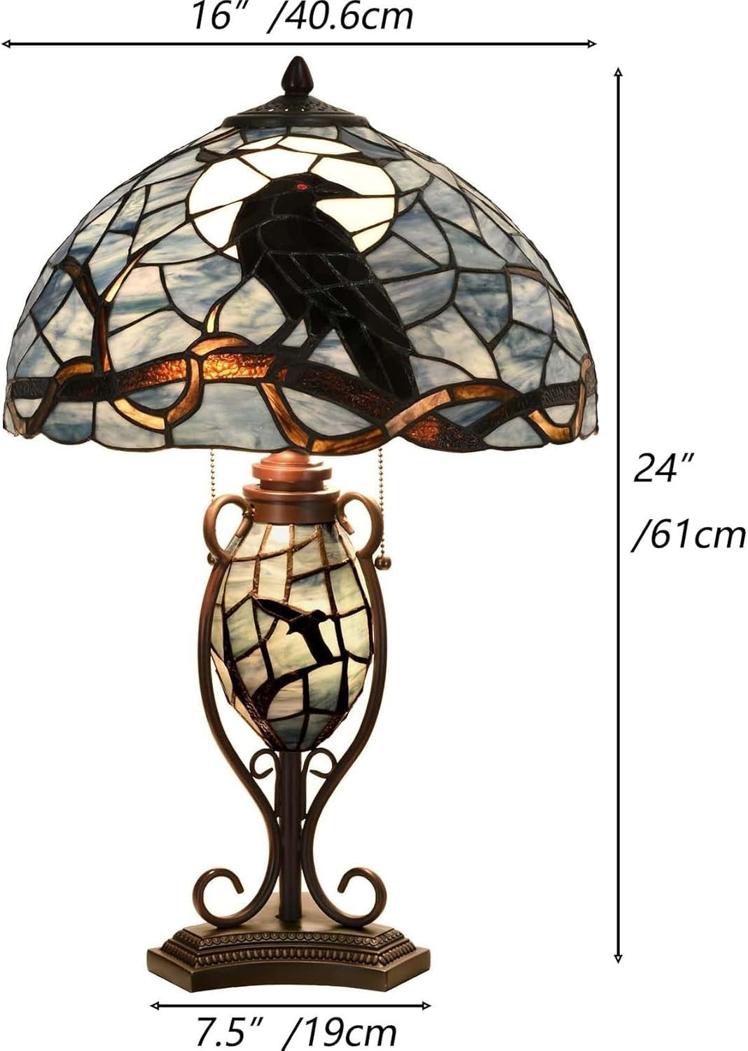 Full Moon Raven Tiffany Stained Glass Lamp 16"x24" Night Light Decor