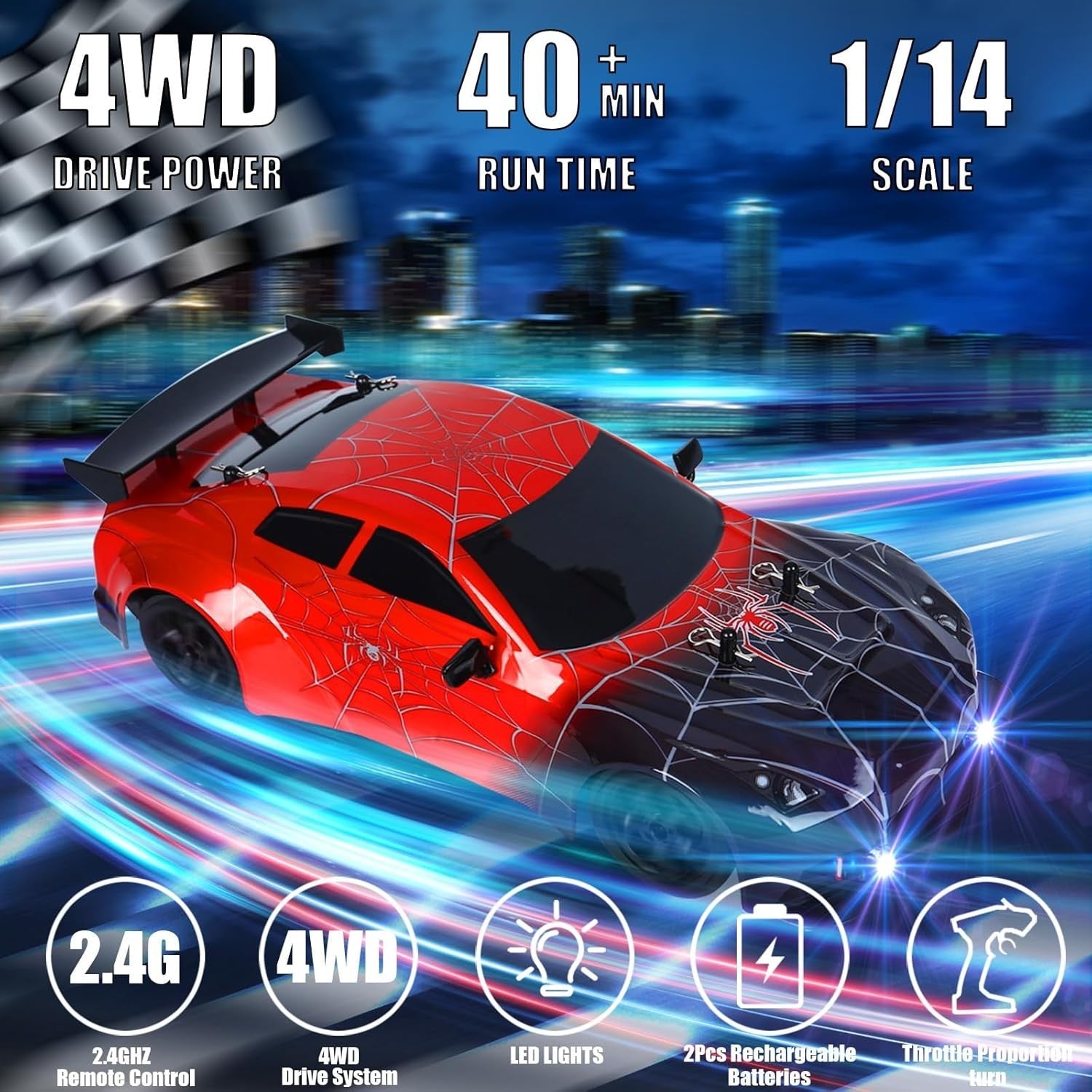 1:14 4WD RC Drift Car – Dual Battery, LED Lights, Full Control Racing Toy