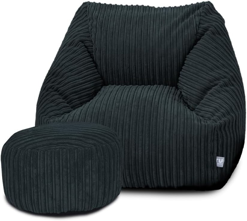 Kids Navy Corduroy Bean Bag Chair + Footstool – Washable, 70x80x60cm