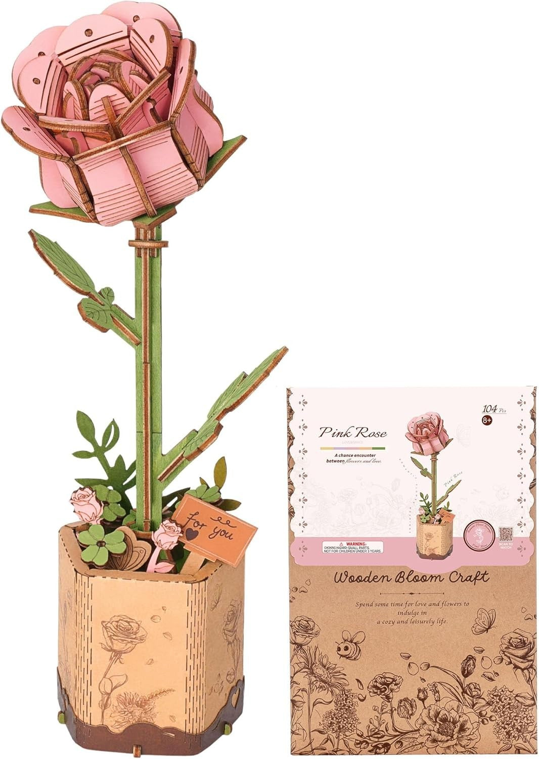 3D Wooden Pink Rose Puzzle – Adjustable DIY Floral Home Decor Gift