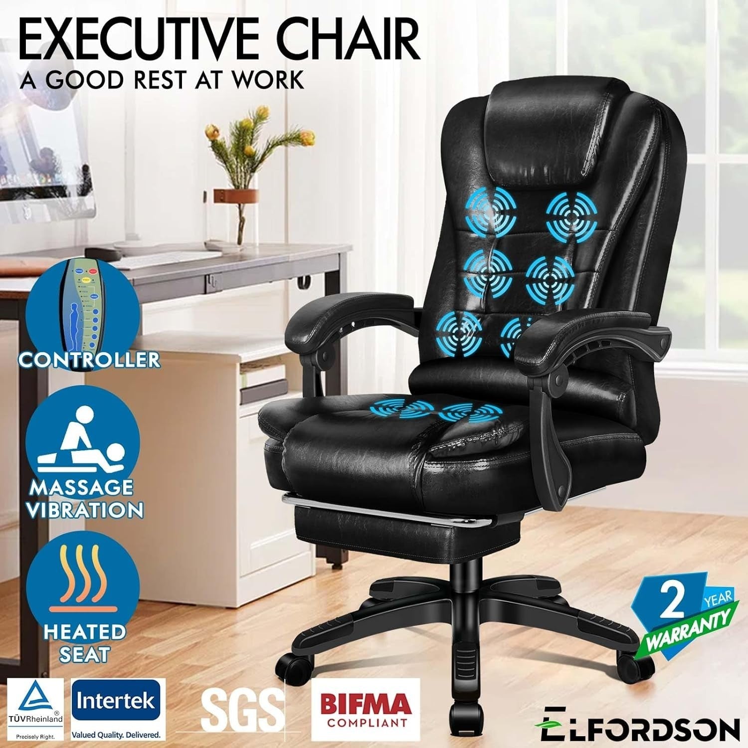 Glossy Black Massage Office Chair Heated 8-Point Recliner Footrest Ergonomic