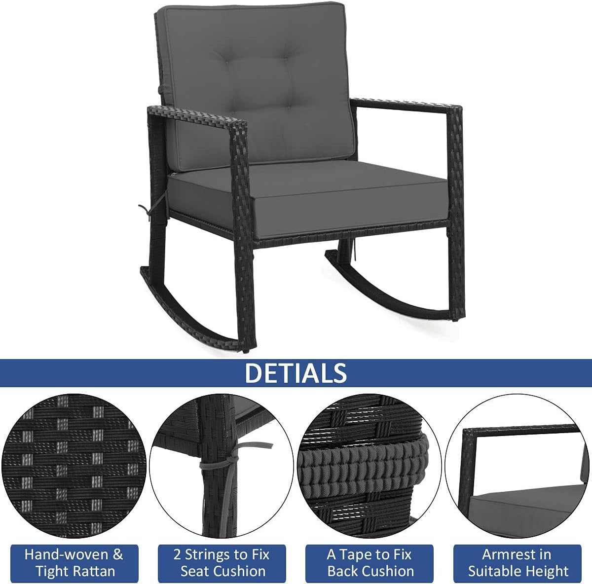 Outdoor Rocking Chair with Thick Cushions & Ergonomic Armrests for Patio