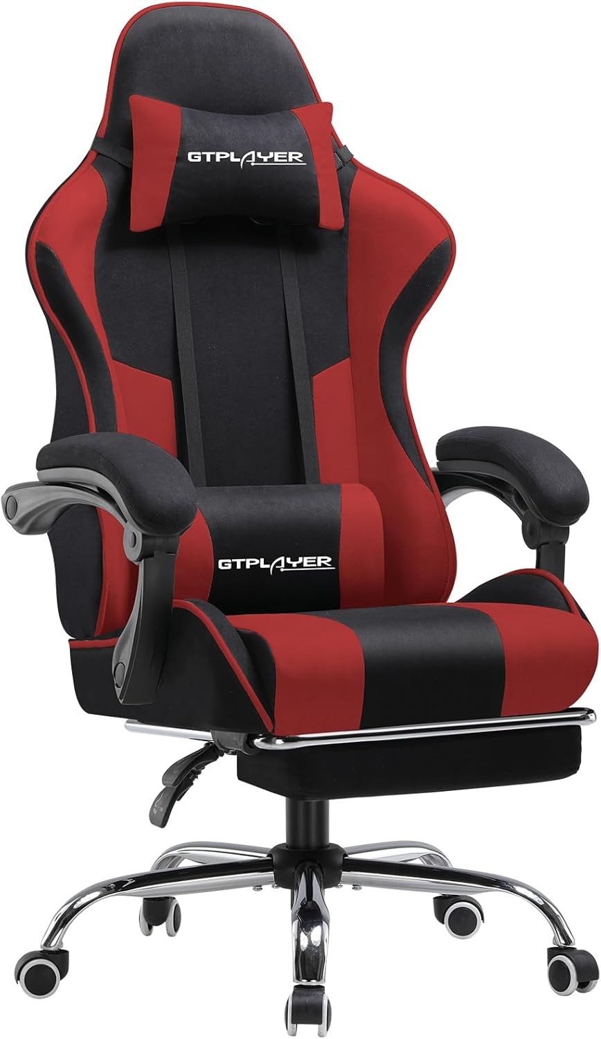 Ergonomic Fabric Gaming Chair Massage Lumbar Footrest Red