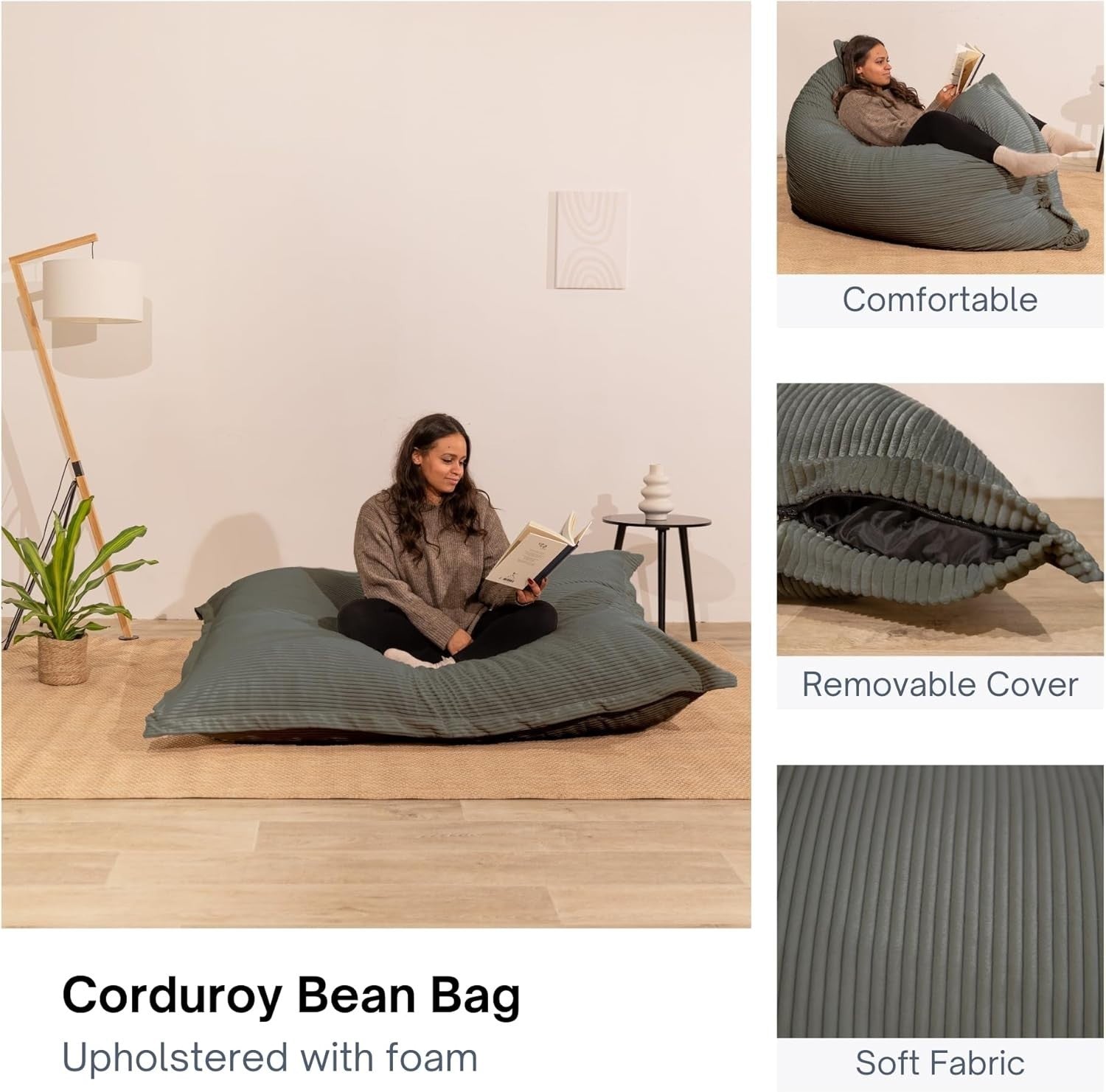 XXL Foam Bean Bag Dark Grey Sofa for Adults-Kids Corduroy Floor Seat 180x140cm