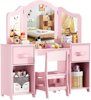 Kids Vanity Table & Chair Set with Tri-Fold Mirror Storage Desk Pink 108cm