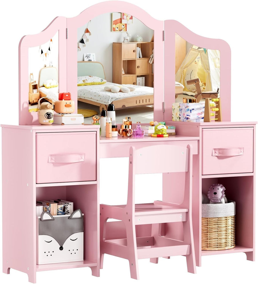 Kids Vanity Table & Chair Set with Tri-Fold Mirror Storage Desk Pink 108cm