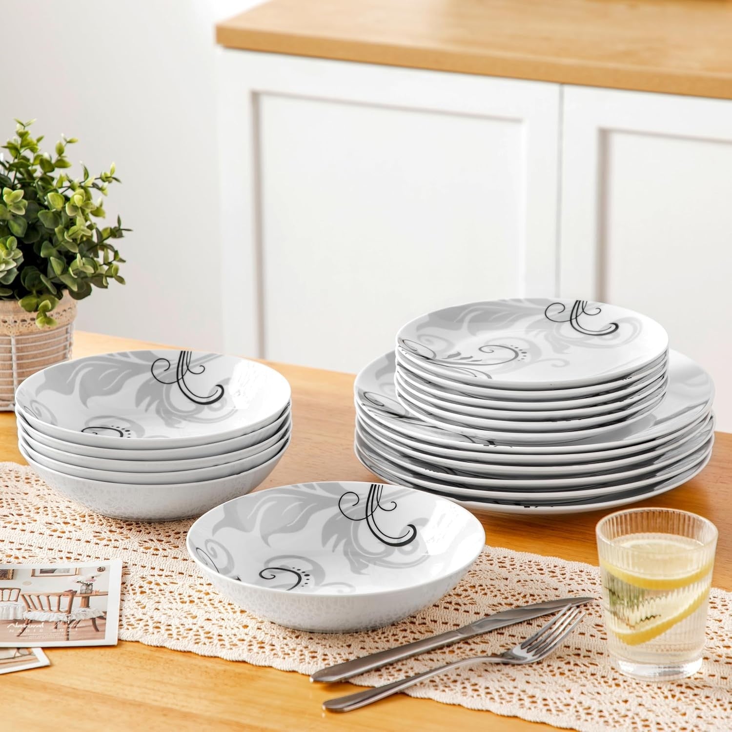 18 Piece Porcelain Dinner Set Plates Bowls Modern Swirl Dishwasher Safe
