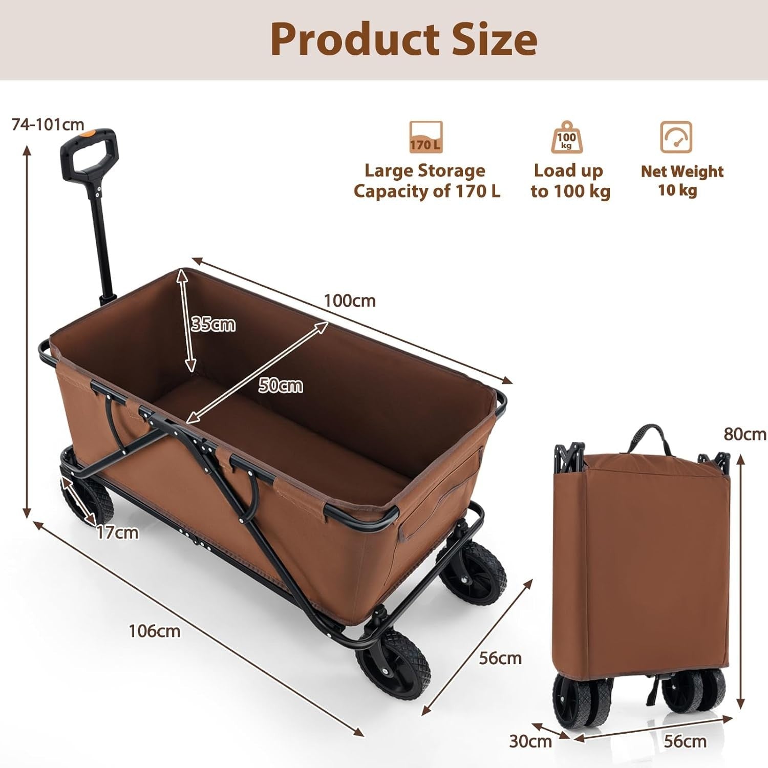 Brown Folding Garden Trolley Cart 170L Collapsible Wagon w/ Adjustable Handle
