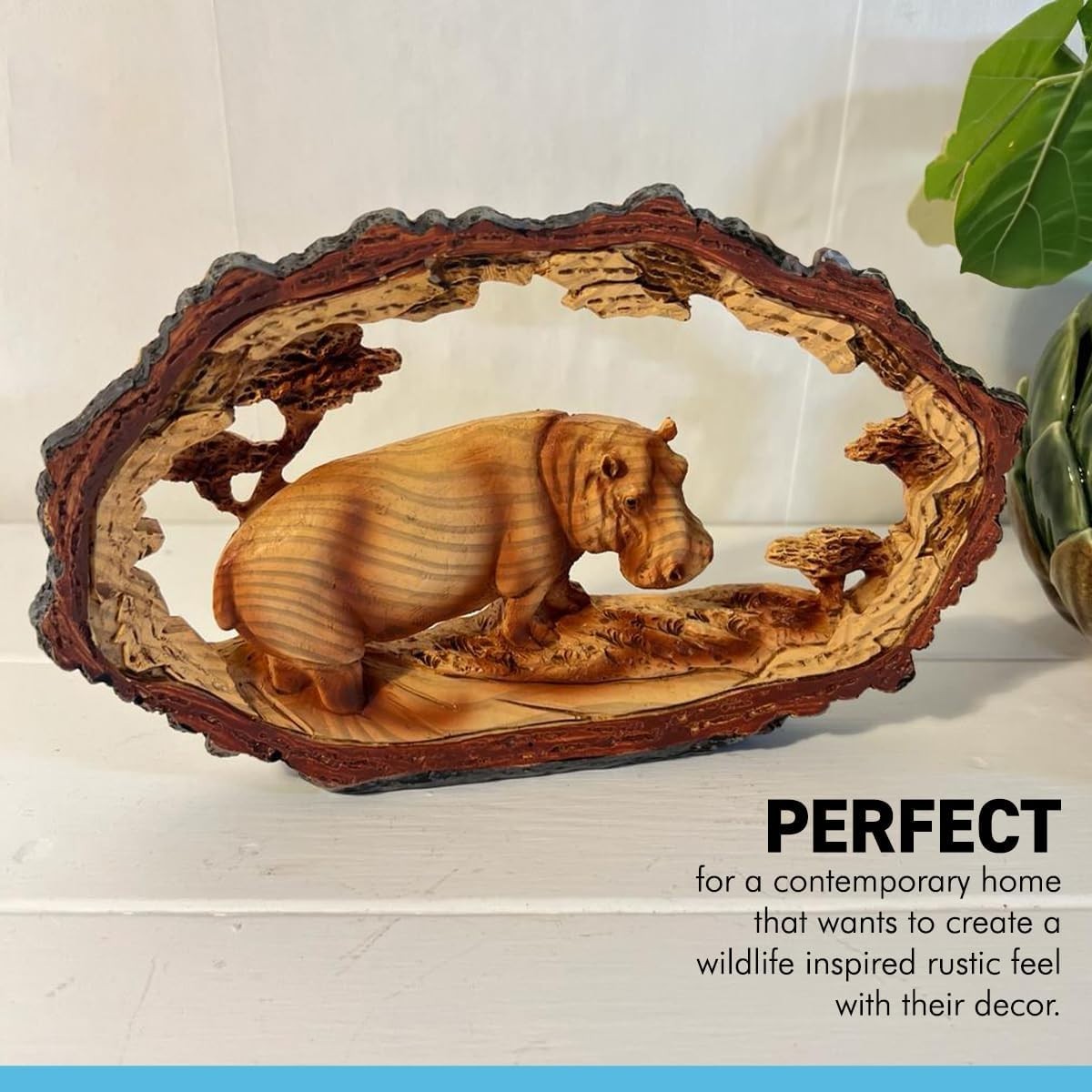Graceful Hippo Ornament Wood-Effect Resin | Wildlife Home Decor Gift 18cm