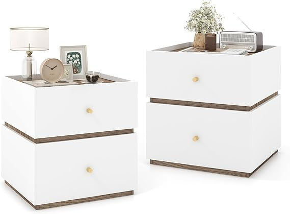 Modern White Bedside Tables Set of 2 with Drawers, Compact Wooden Nightstands