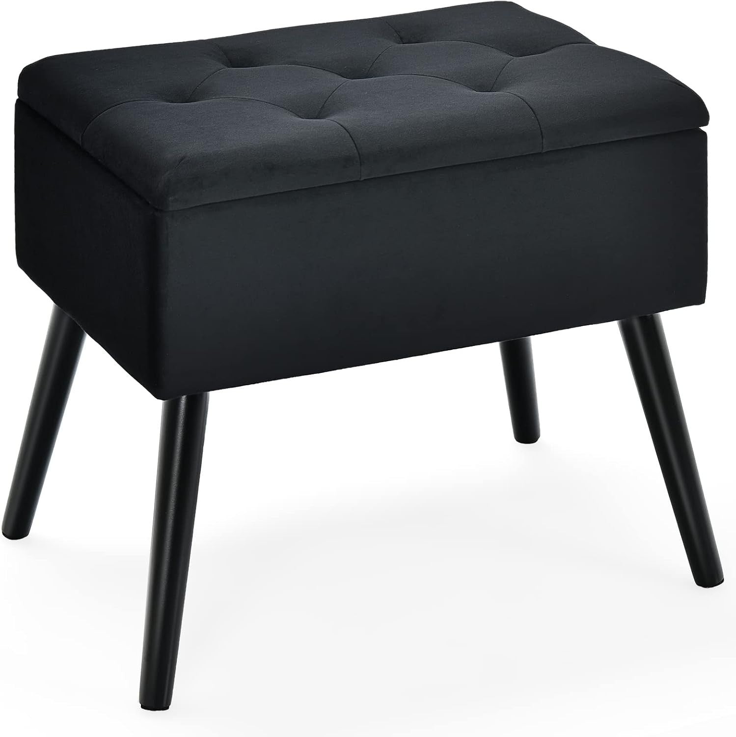 Black Velvet Flip-Top Footstool Storage Ottoman Vanity Stool with Wood Legs