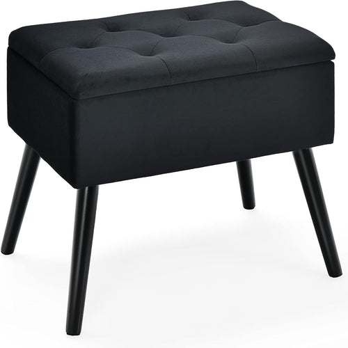 Black Velvet Flip-Top Footstool Storage Ottoman Vanity Stool with Wood Legs