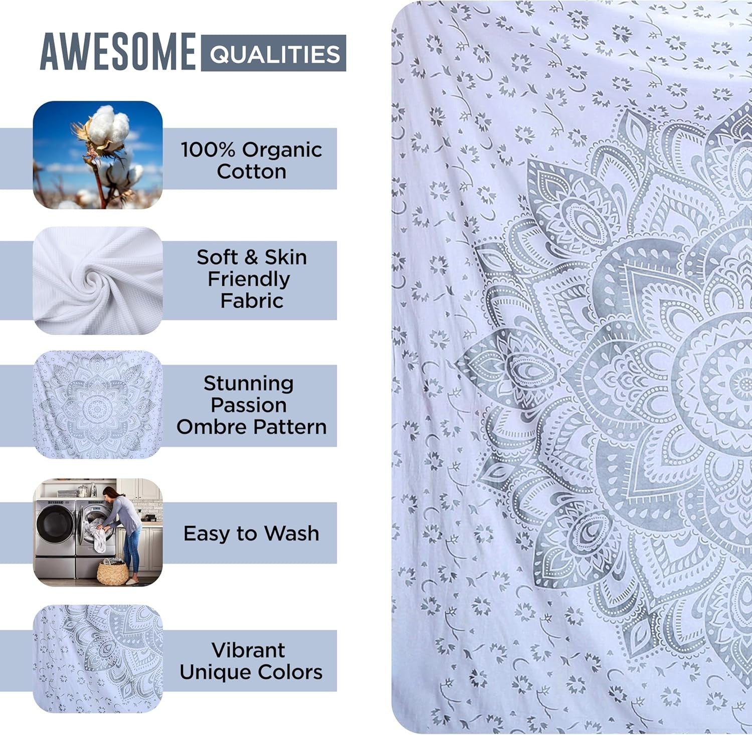 Grey Silver Mandala Cotton passion Tapestry 208x232cm Wall Decor
