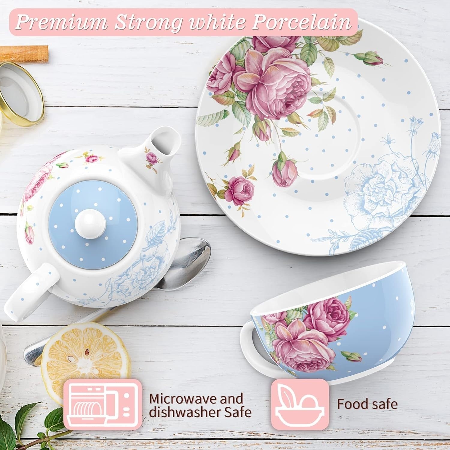 Tea for One Teapot Cup Saucer Set 350ml Vintage Floral Blue Gift Box