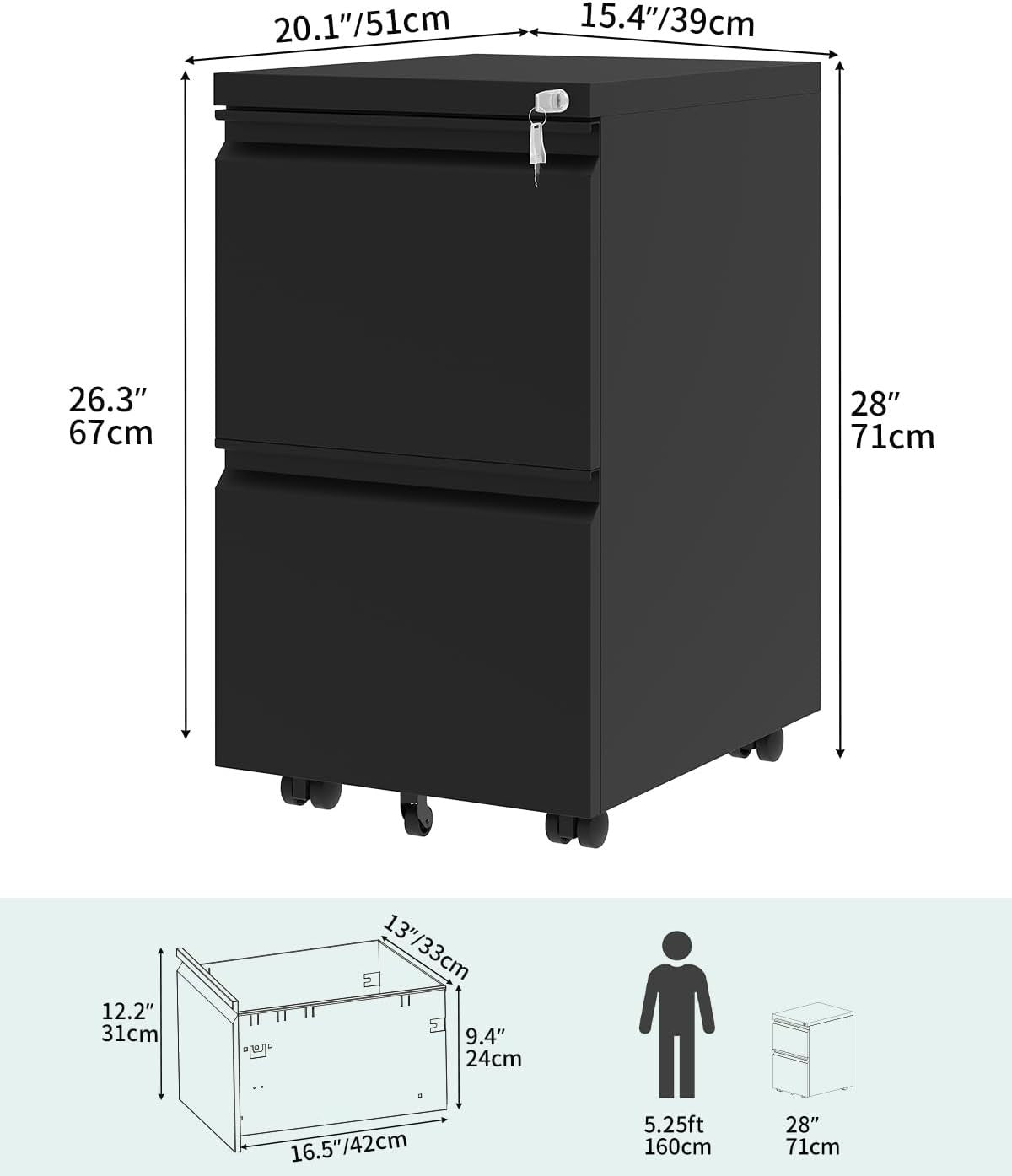 Black Mobile Filing Cabinet 2 Drawer Locking Metal Office Storage 71cm