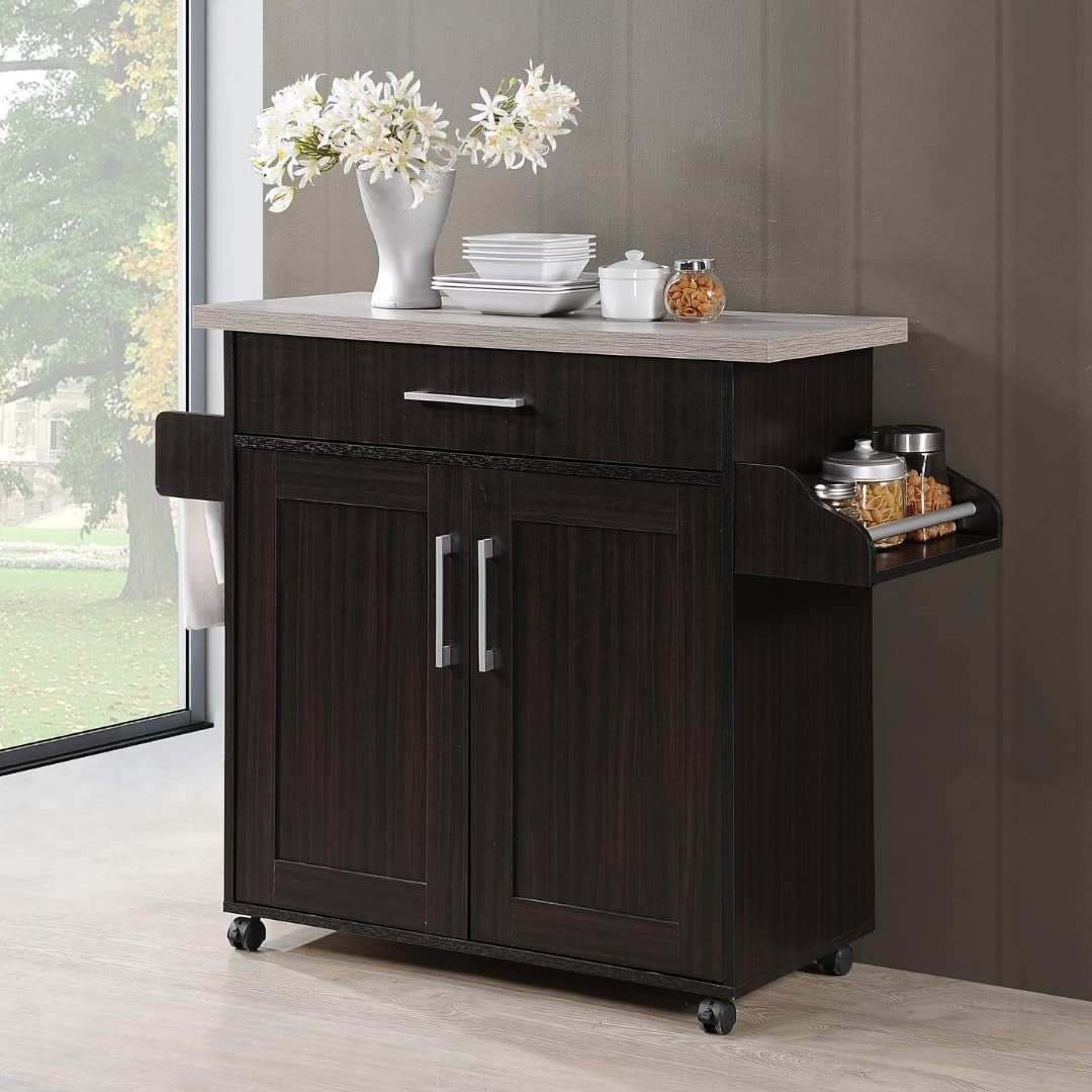 Rolling Kitchen Island Cart w/ Spice Rack, Drawer & Towel Holder, Grey