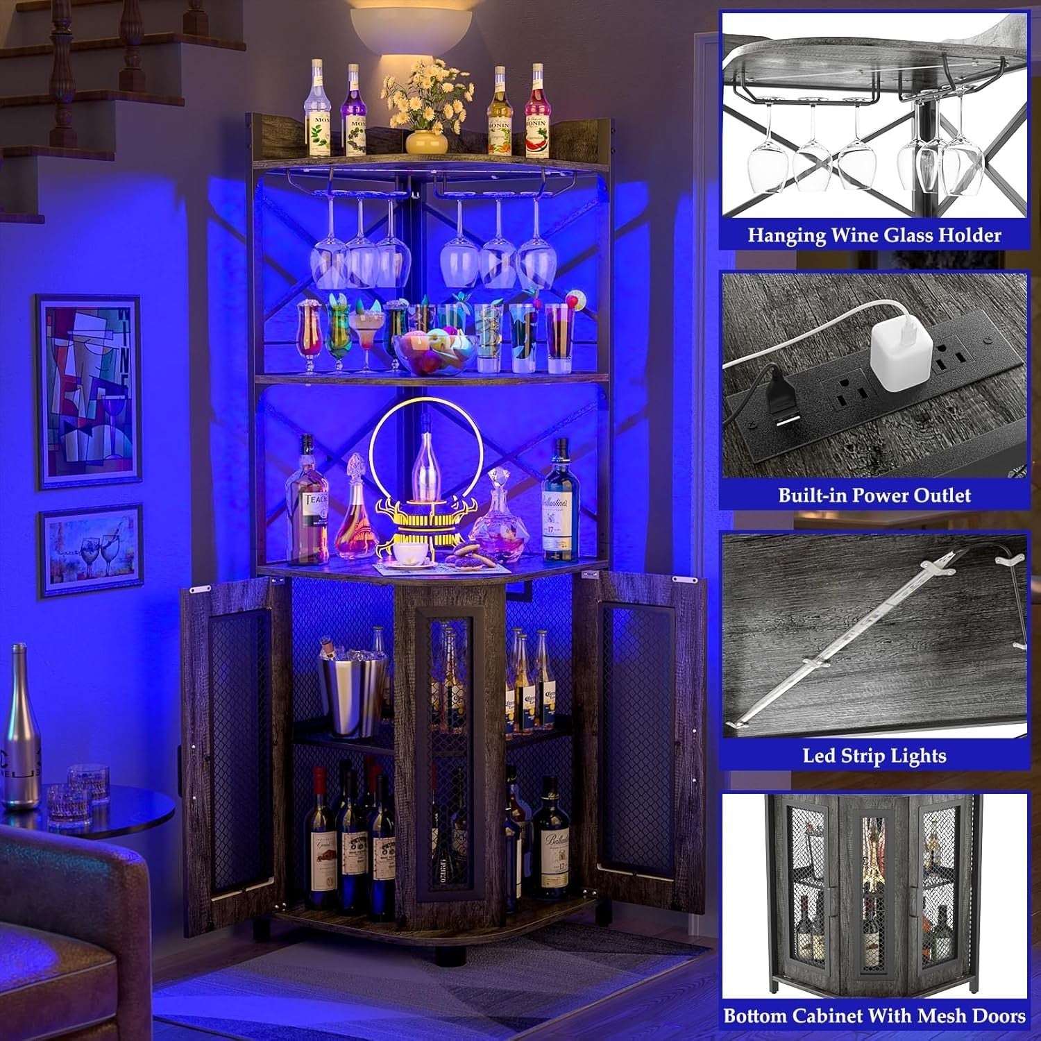 Grey Oak Corner Drinks Cabinet with LED Strip, Charging Ports & 5 Shelf Display