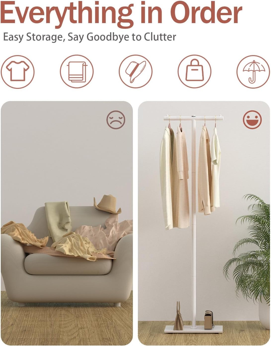 White Metal Coat Rack 175cm T-Bar Clothes Stand with Rock Slab Base for Hallway