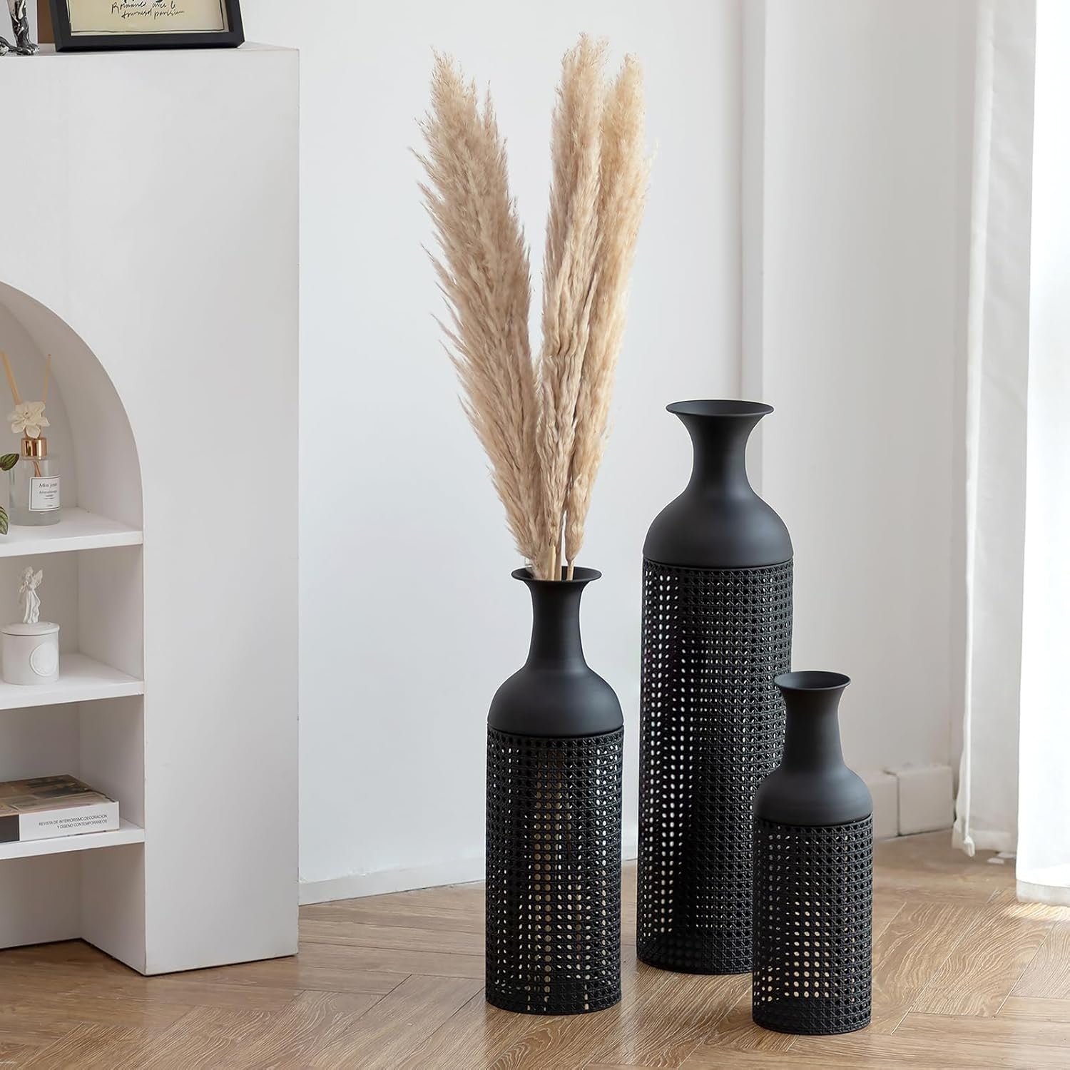 Black Metal Floor Vase Set Tall Modern Living Room Decor 3pcs Statement