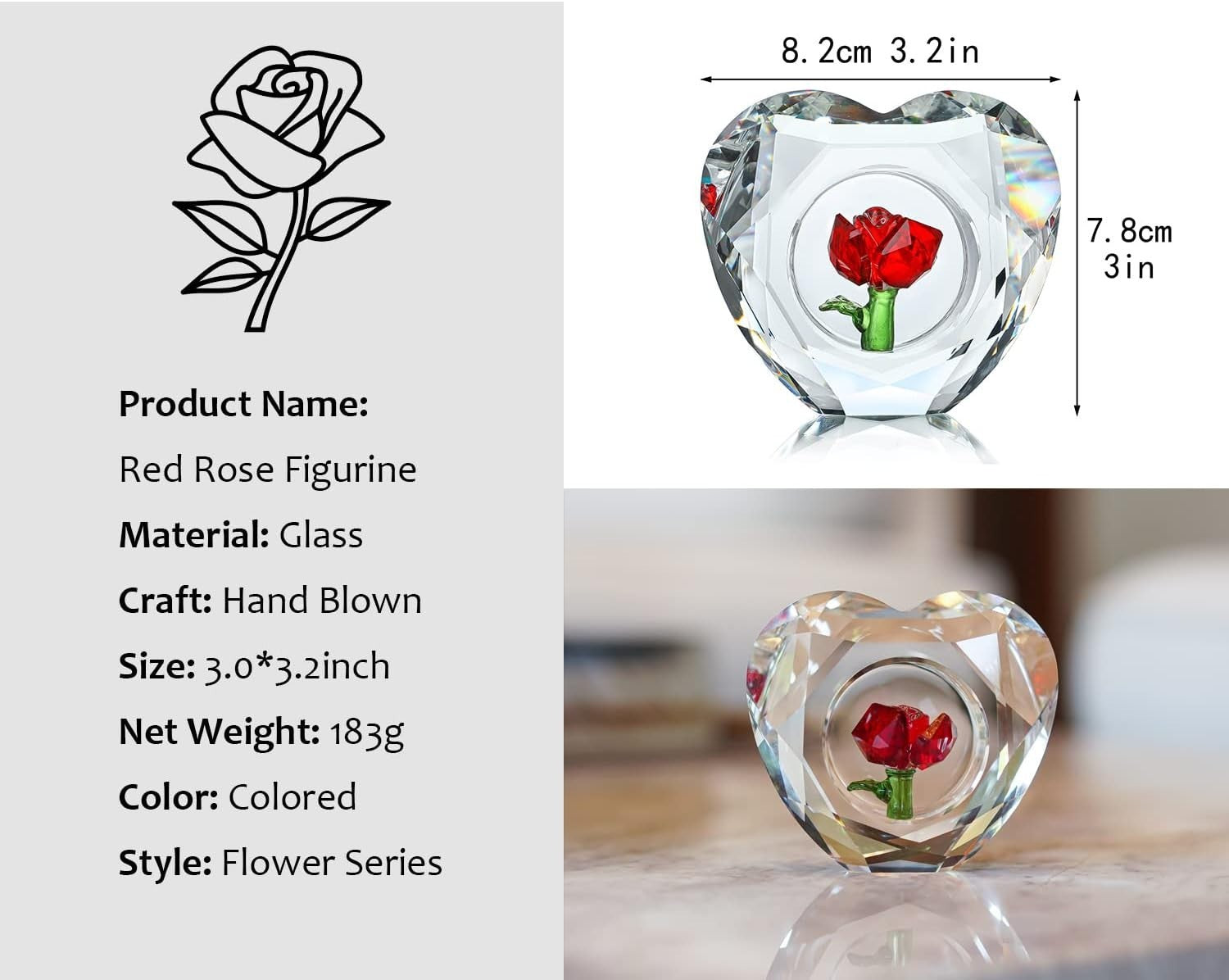 Crystal Red Rose Heart Ornament • K9 Glass Paperweight Gift • Romantic Decor