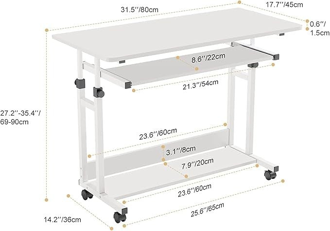 Rolling Study Desk White with Keyboard Tray Height Adjustable Work Table
